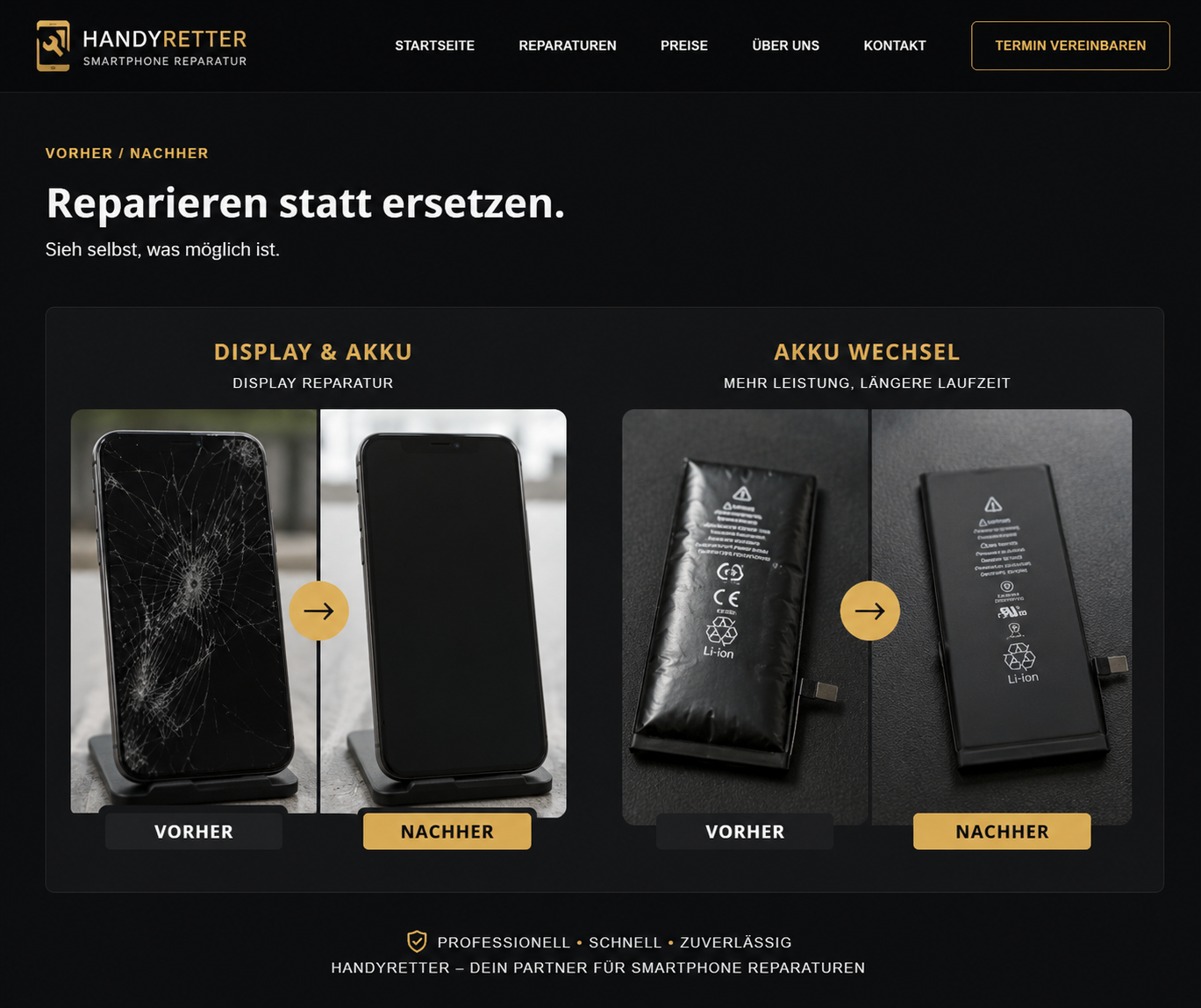 Display- und Akku-Reparatur vorher und nachher